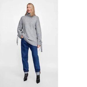 ZARA Knit Grey Turtleneck Long Cuff Tie Sleeve Tunic Sweater ** SZ M